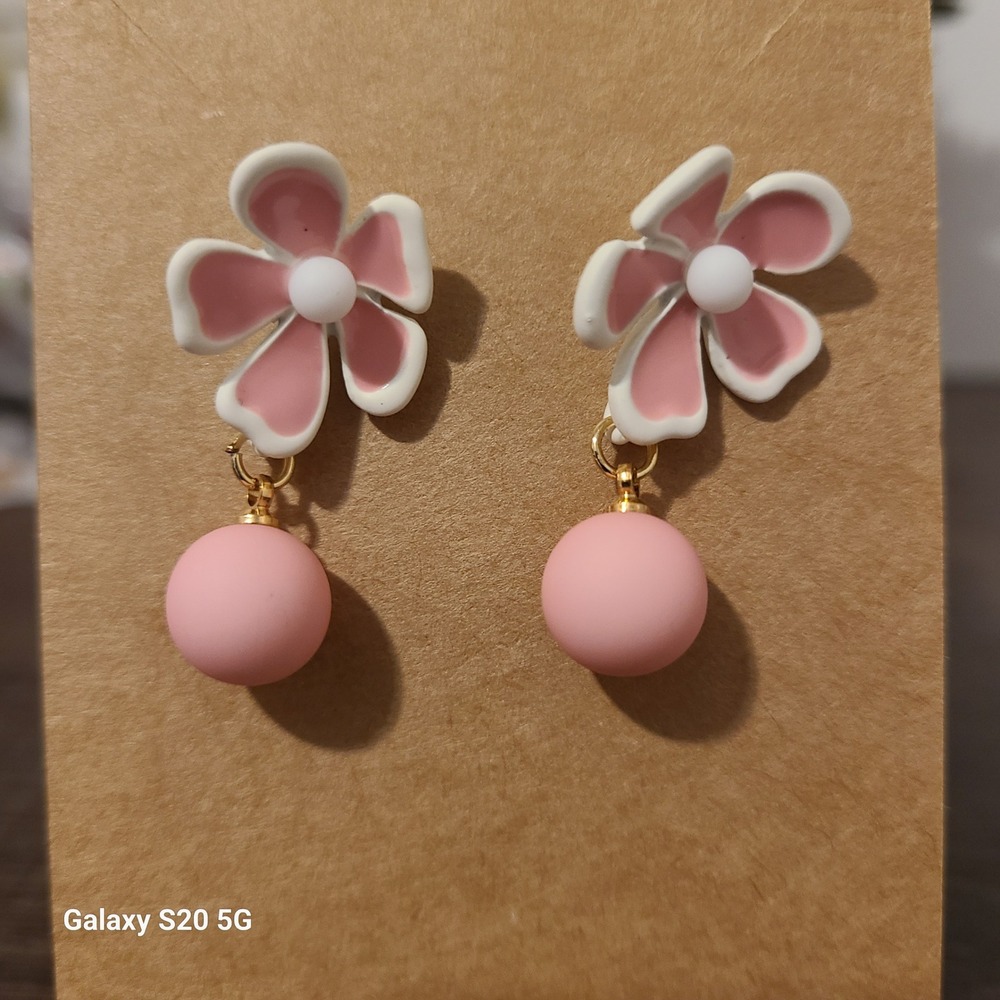 Pink Flower Dangle Drop‎ Earrings with Ball Charm NEW Women's Casual Gifts Cute